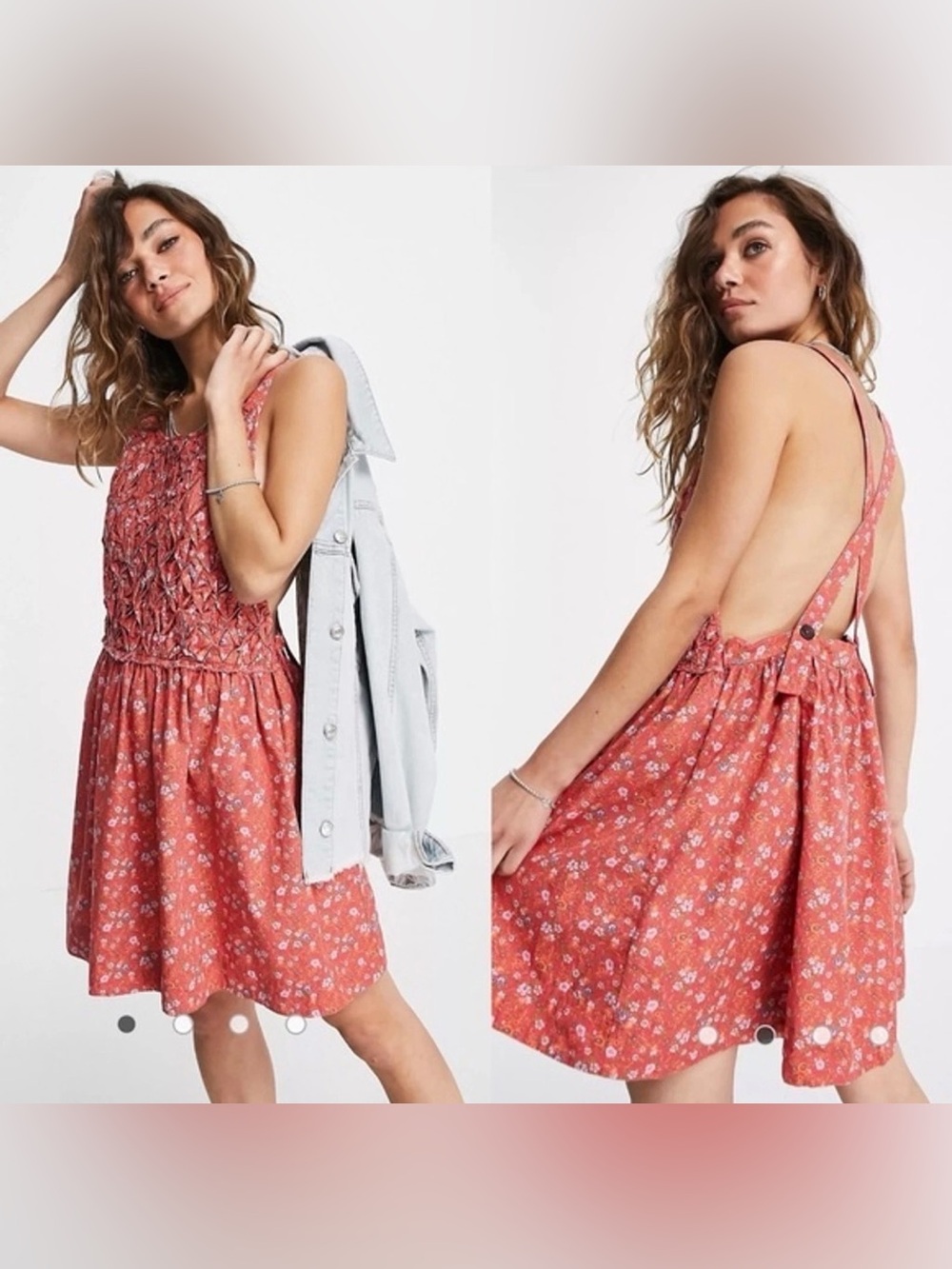Free People Petunia Floral Backless Boho Smocked Mini Dress Poppy Combo Size L - Picture 1 of 11